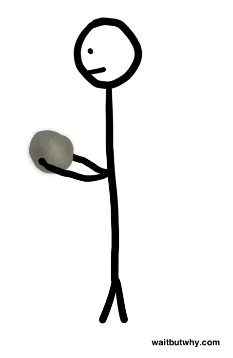 stick figure holding gray ball of clay