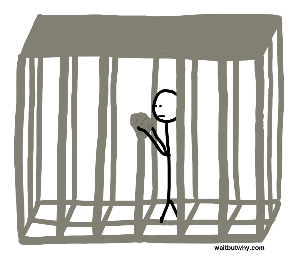stick figure in a cage made out of clay