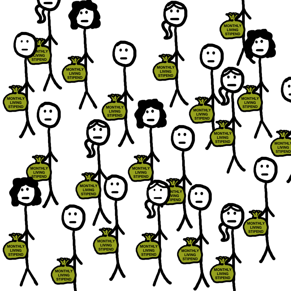 stick figures holding money bags filled with their monthly living stipend