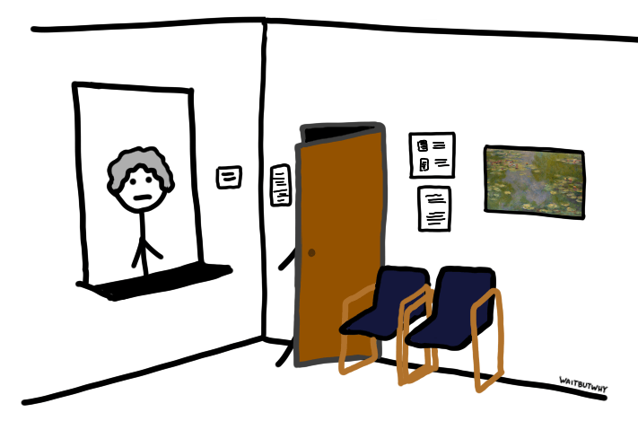 Waiting room with stick figure walking through door